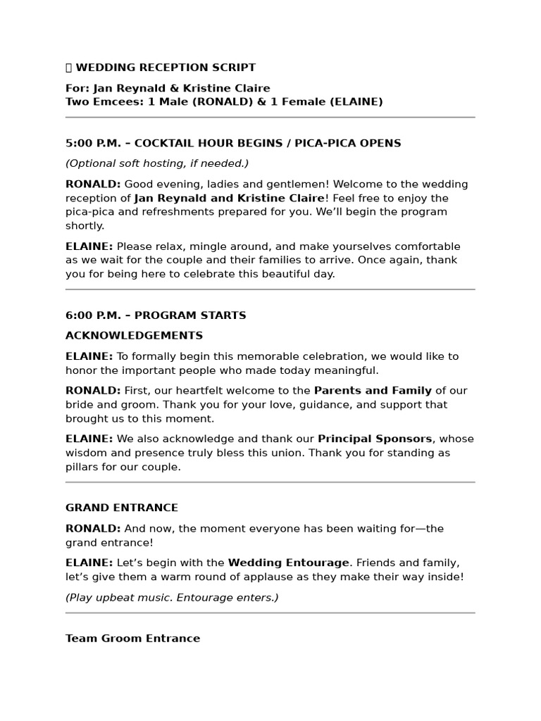 Wedding Reception Script for Jan & Kristine | PDF | Wedding | Marriage ...