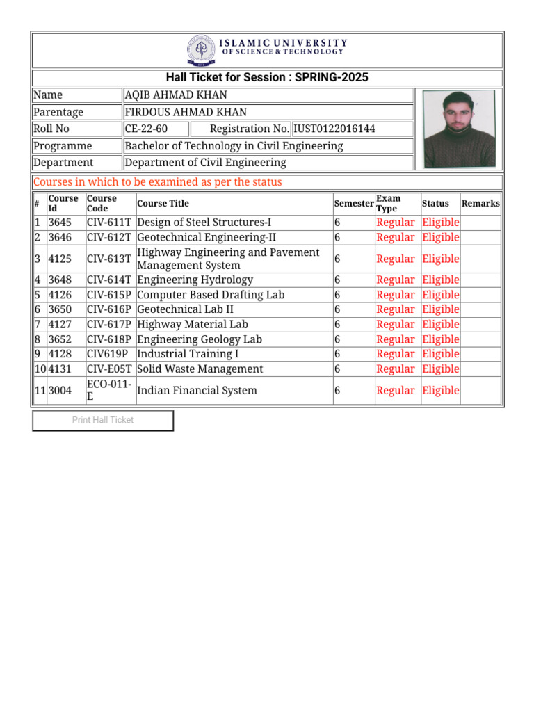 Civil Engineering Course Hall Ticket 2025 | PDF