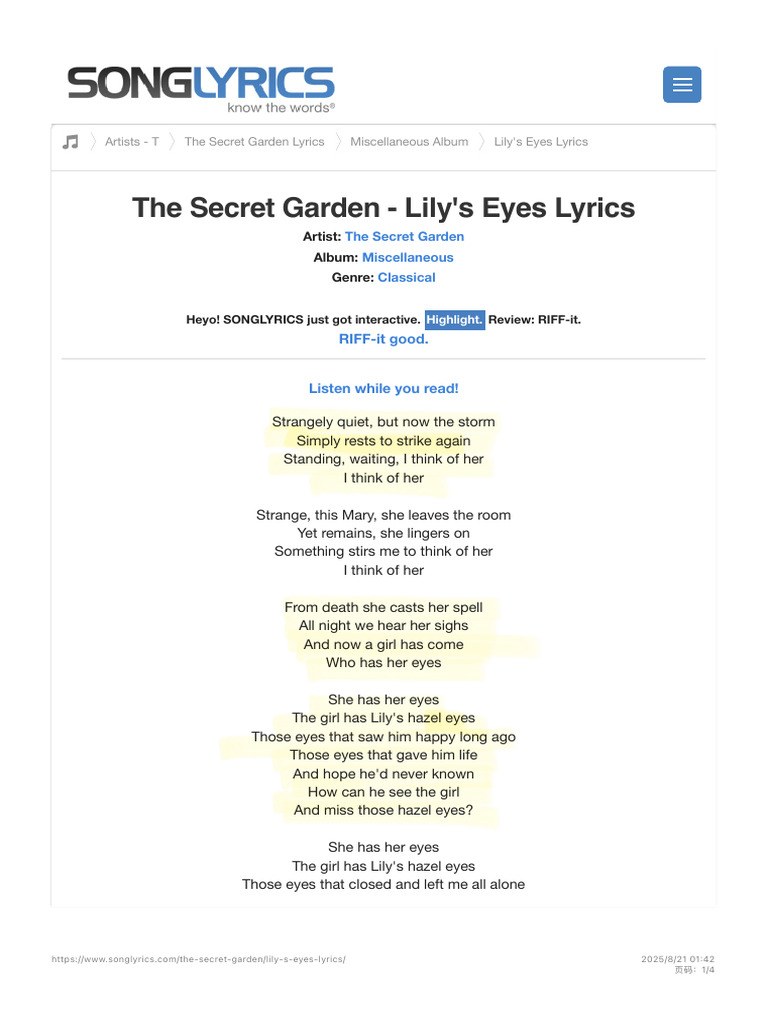 Lily's Eyes Lyrics - The Secret Garden | PDF