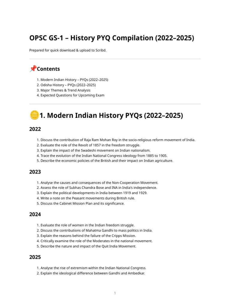 OPSC GS-1 History PYQ Guide 2022-2025 | PDF | Indian Independence ...