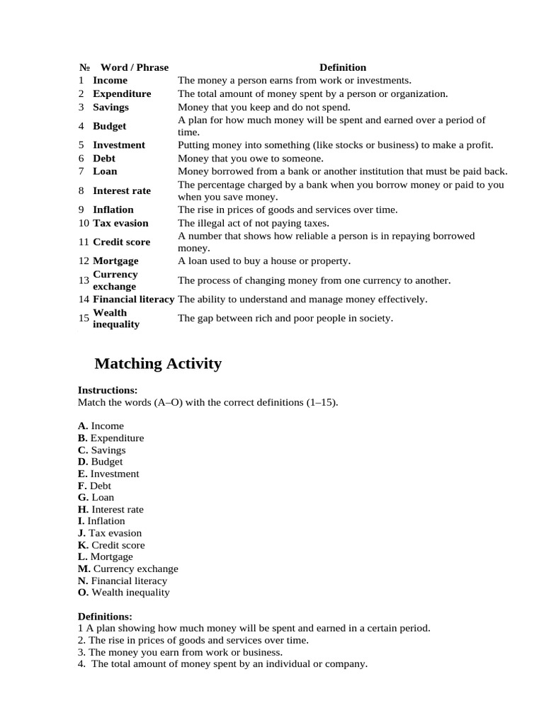 Money and Finance Vocabulary Guide | PDF | Interest | Money
