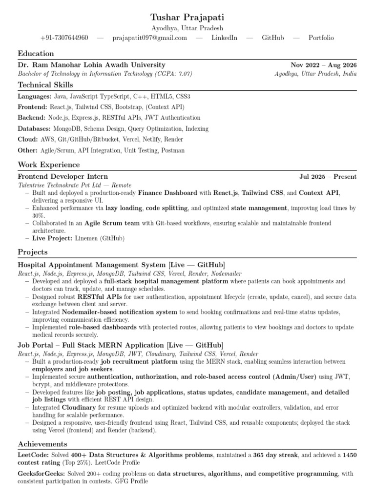 Tushar Prajapati: Frontend Developer Resume | PDF | Computing ...