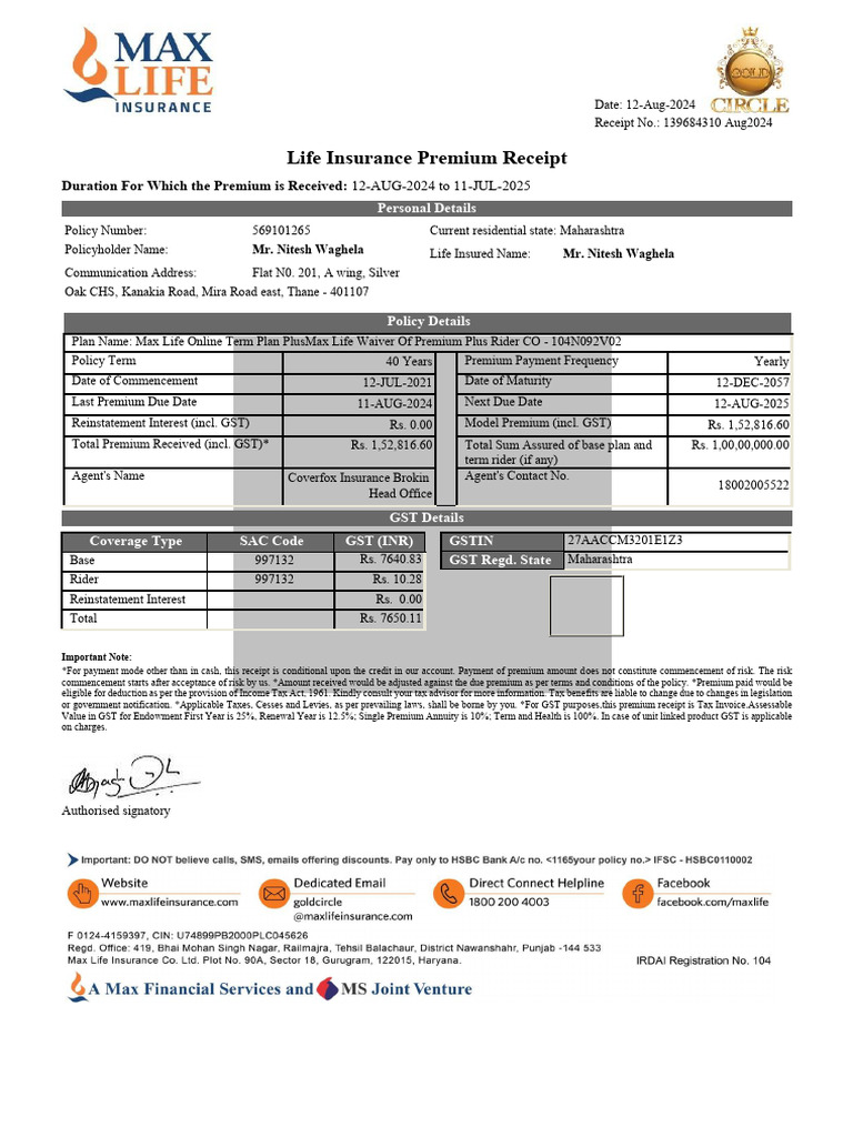 Life Insurance Premium Receipt 2024 | PDF | Insurance | Life Insurance