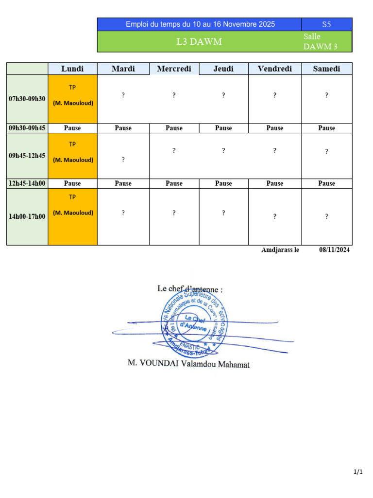 Emploi du temps L3 DAWM S5 : 10-16 Nov 2025 | PDF