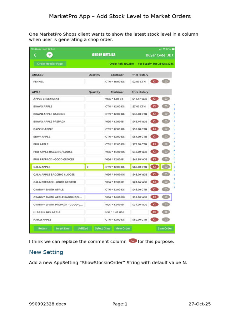 MarketPro - Add Stock Level To Market Orders | PDF