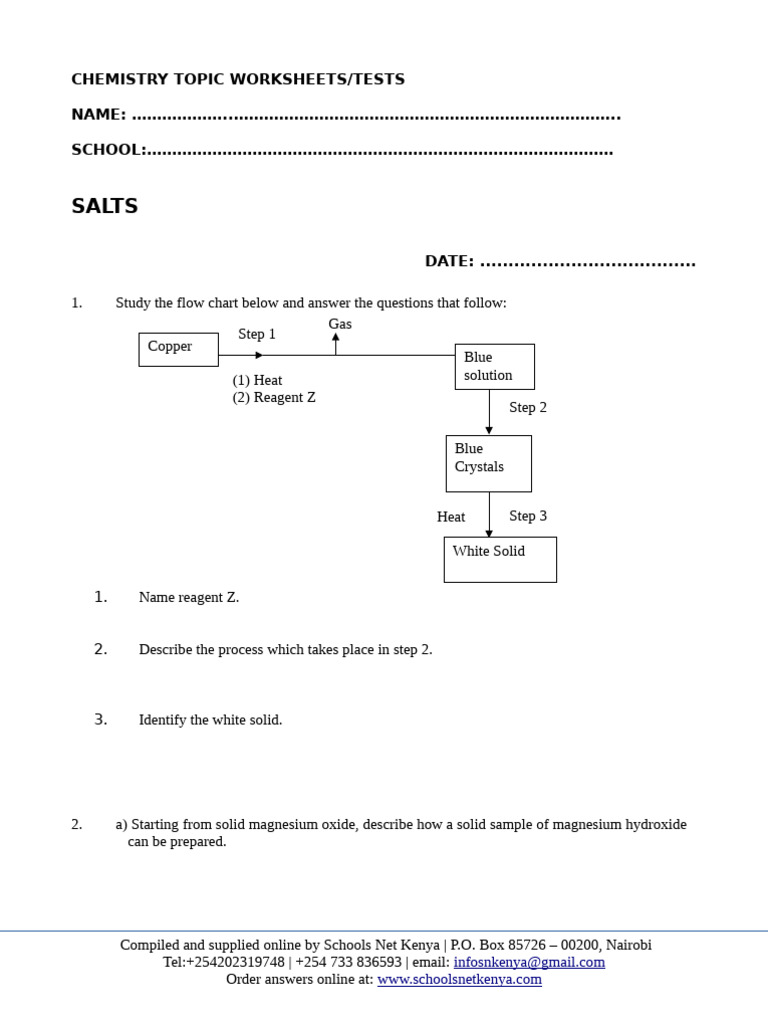 Chemistry Worksheets on Salts and Reactions | PDF