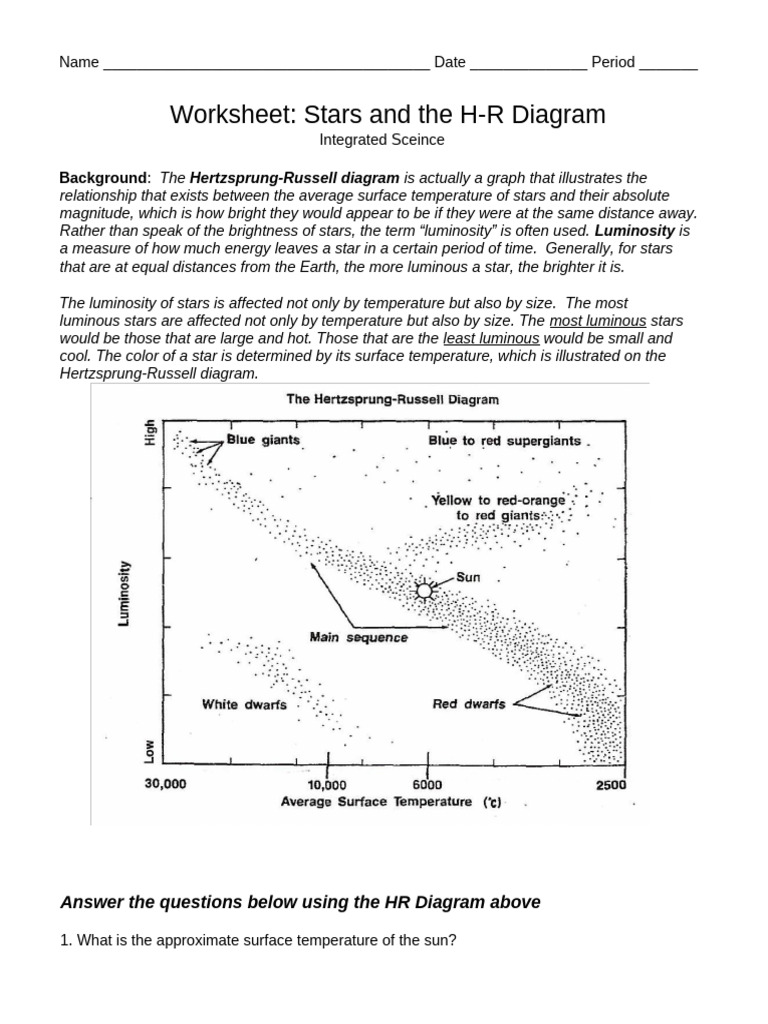 H-R Diagram Worksheet for Stars | PDF | Stars | Astronomy