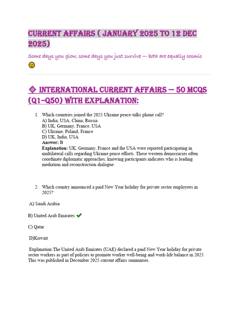 January 2025 Current Affairs MCQs | PDF | Governance | United Arab Emirates