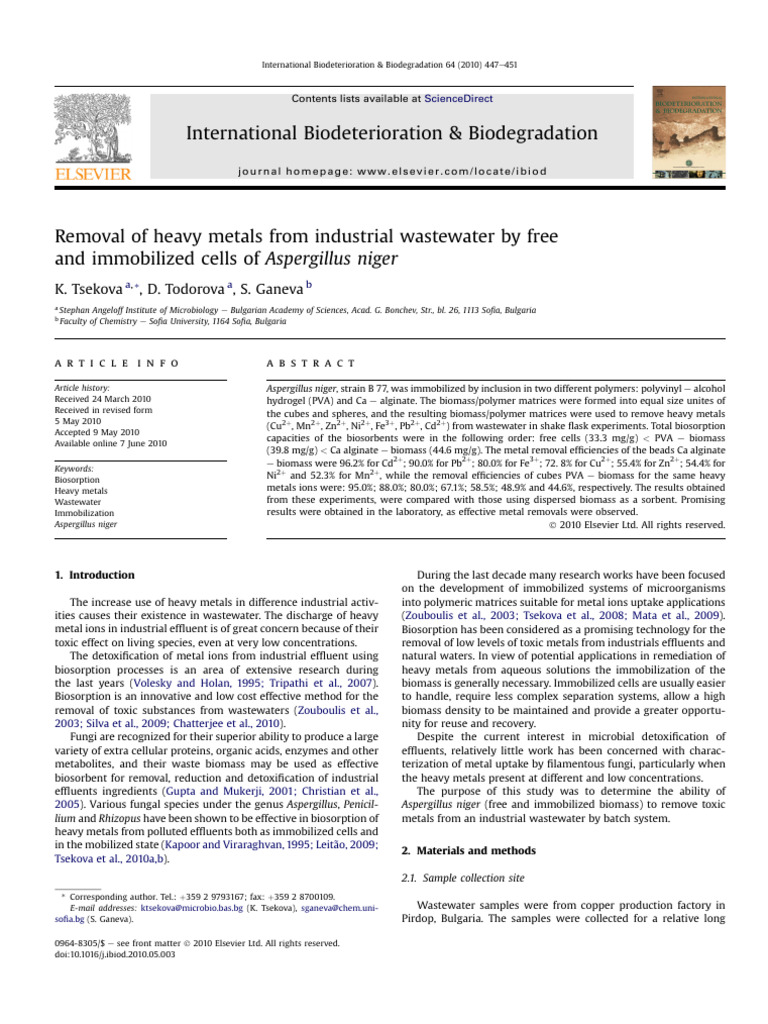 Removal of Heavy Metals From Industrial Wastewater by Free and ...