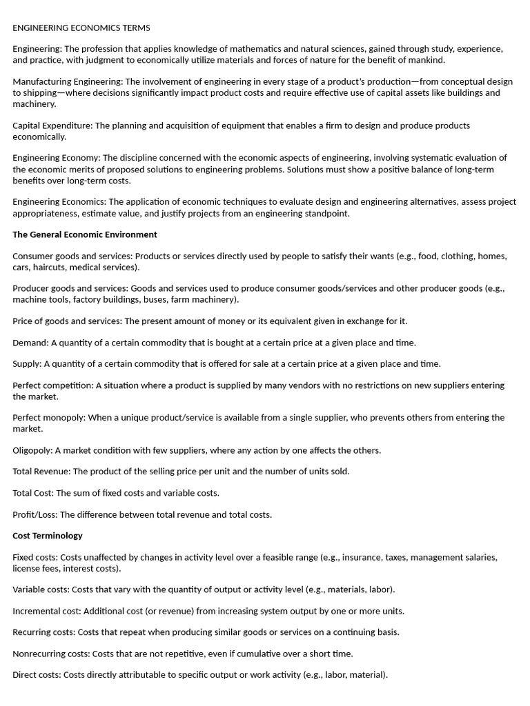 Key Terms in Engineering Economics | PDF | Cost | Economics
