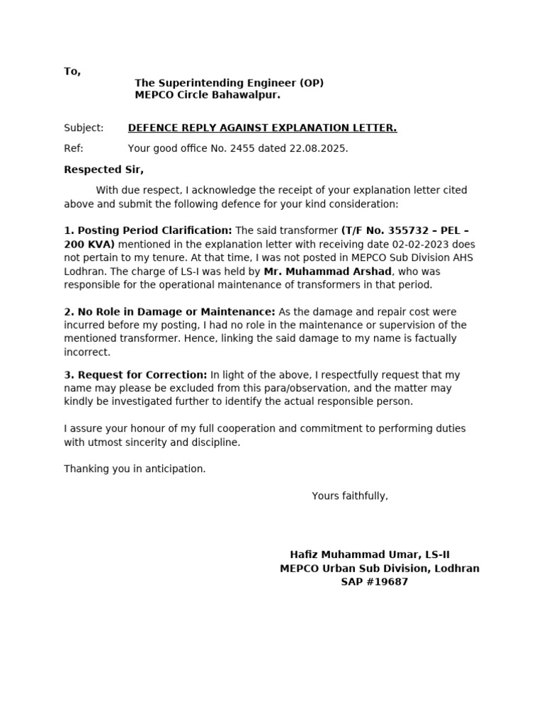 Hafiz M Umar Defence Reply | PDF