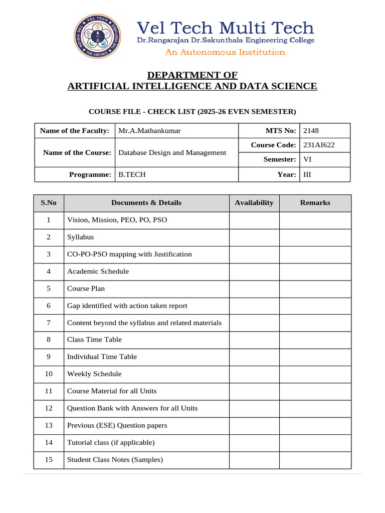 Database Design Course Checklist 2025-26 | PDF