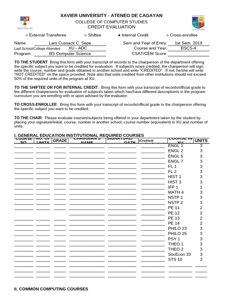 Xavier University Credit Evaluation Form | PDF | Educational Stages ...