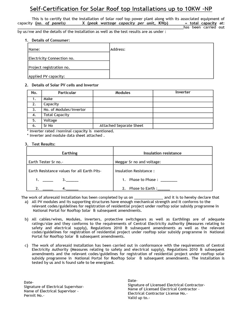 Solar Rooftop Installation Self-Certification | PDF | Solar Panel ...