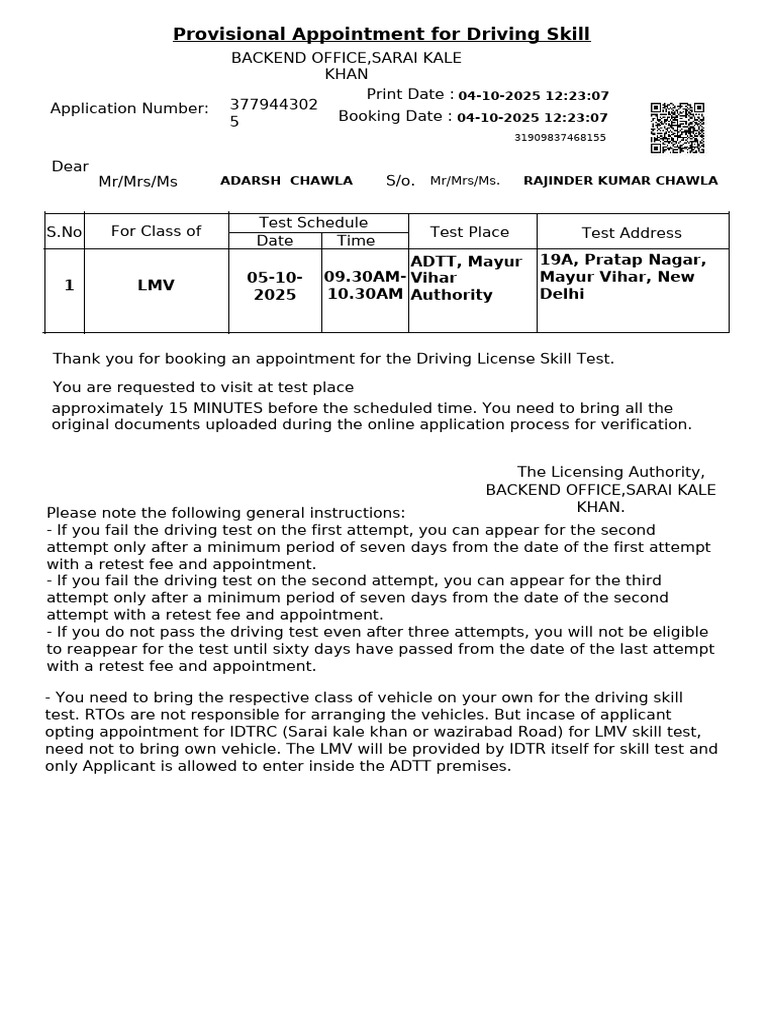 Driving Skill Test Appointment Details | PDF