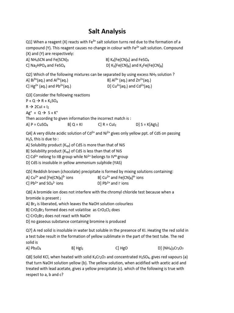 Salt Analysis Questions and Answers | PDF | Ammonia | Acid