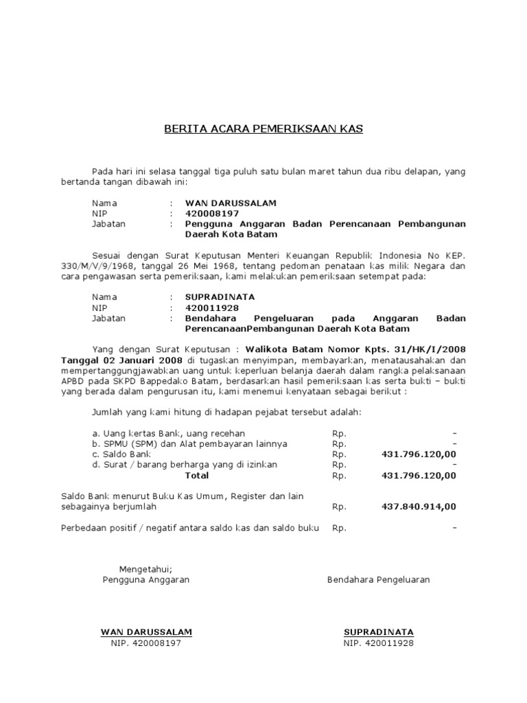 Berita Acara Pemeriksaan Kas