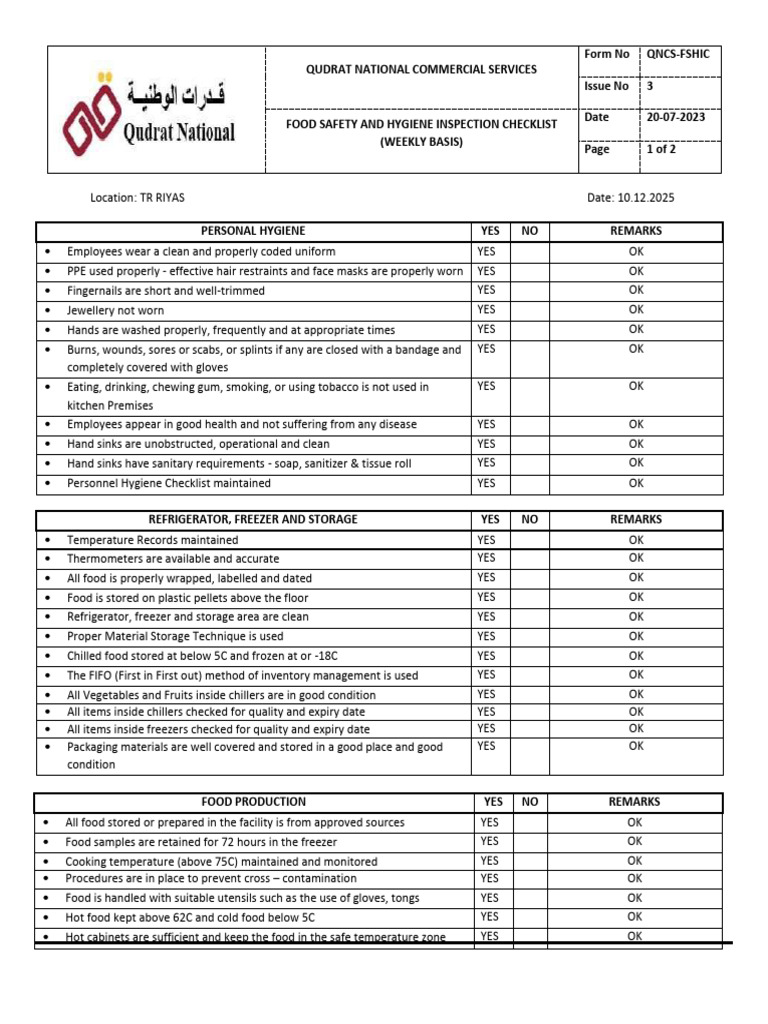 Weekly Food Safety Inspection Checklist | PDF | Refrigerator | Vegetables