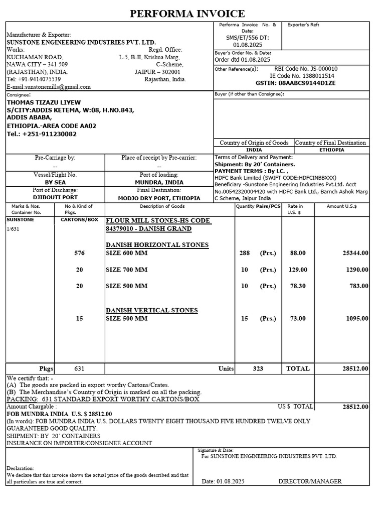 Export Invoice for Flour Mill Stones | PDF | Supply Chain Management