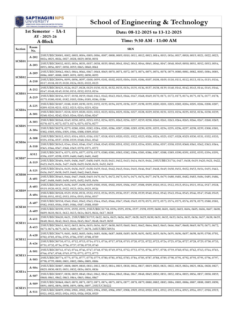 Engineering 1st Semester Exam Schedule | PDF