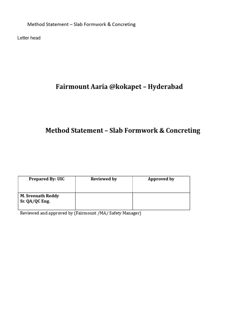 Slab Formwork & Concreting Method Statement | PDF | Concrete | Beam ...