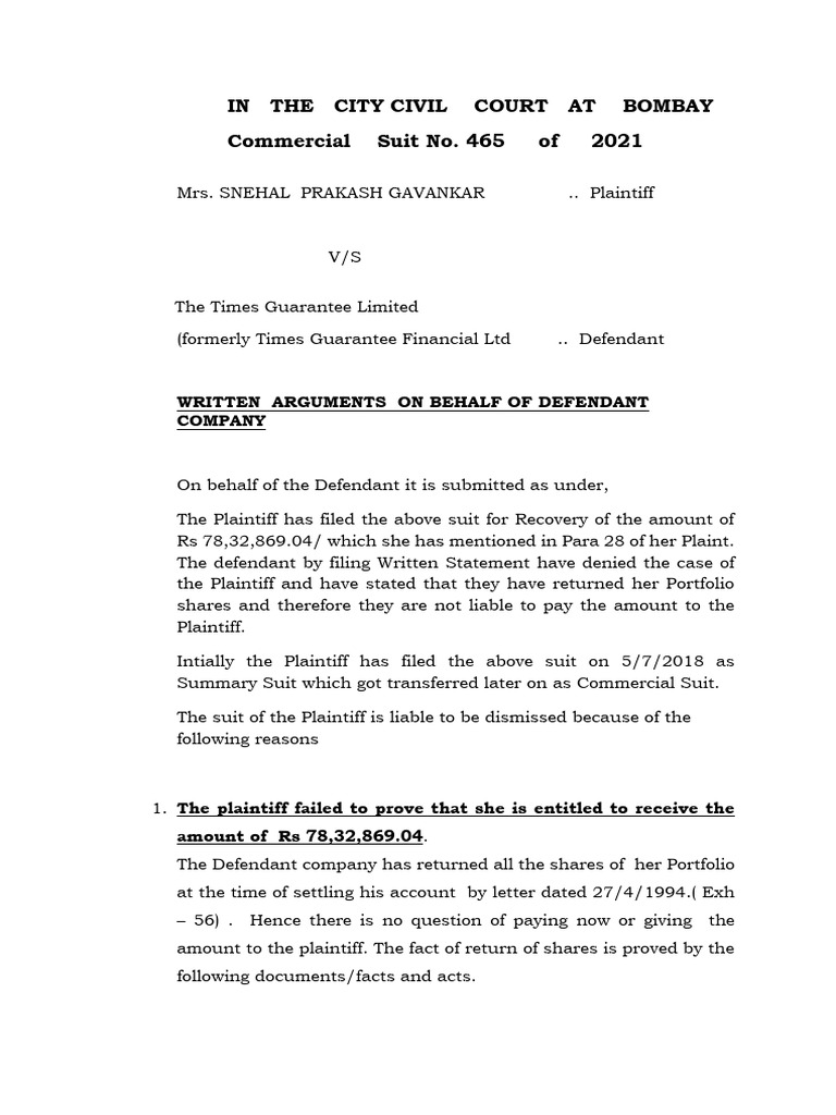 Defendant's Arguments in Suit 465/2021 | PDF