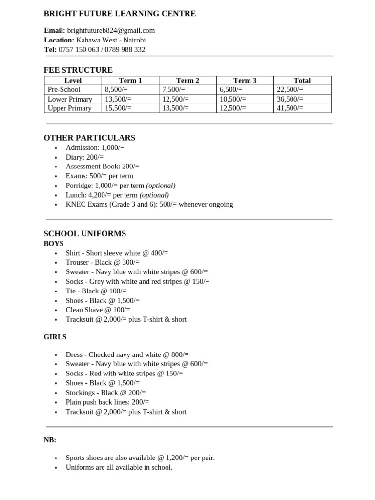 Bright Future Learning Centre Fees & Uniforms | PDF