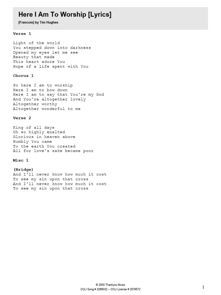 Here I Am to Worship Lyrics | PDF
