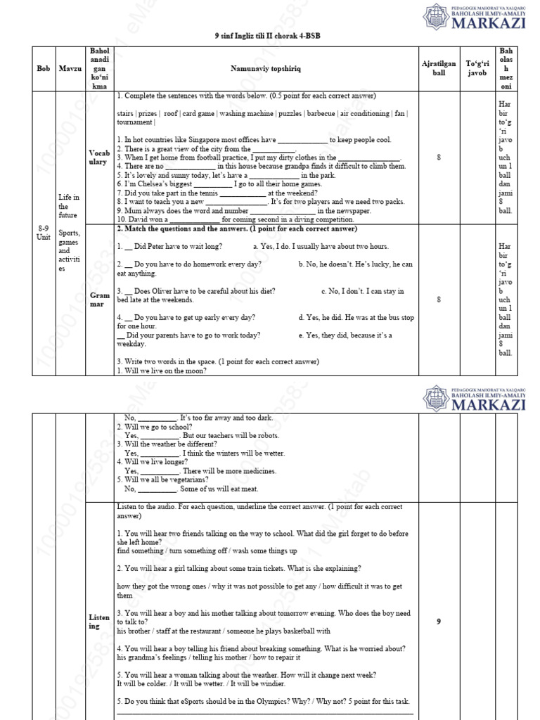 Grade 9 Term 2 Demo BSB 4( bsb2) (1) | PDF