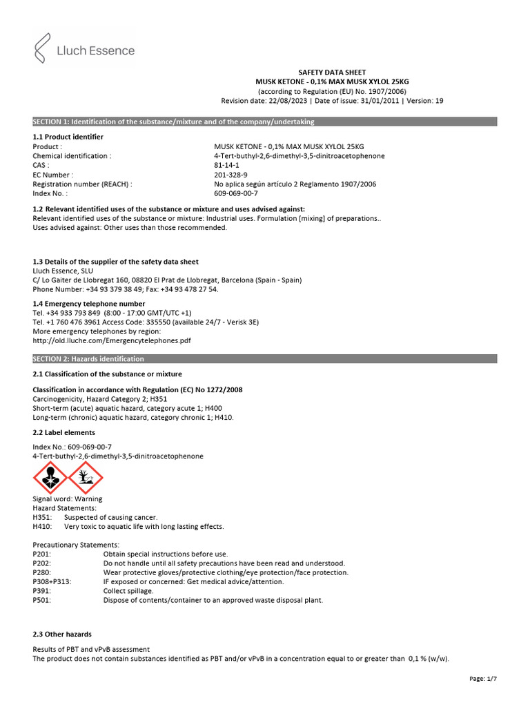 Musk Ketone Safety Data Sheet 25kg | PDF | Toxicity | Dangerous Goods