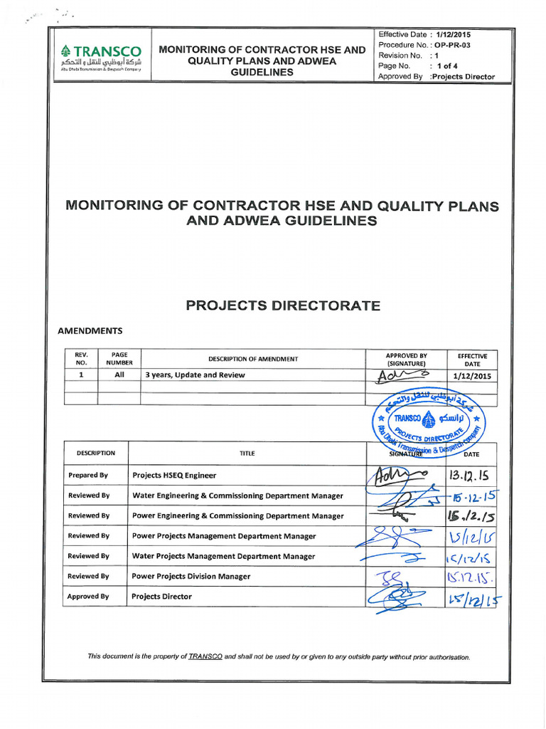 Monitoring of Contractor HSE and Quality Plans and ADWEA Guidelines | PDF