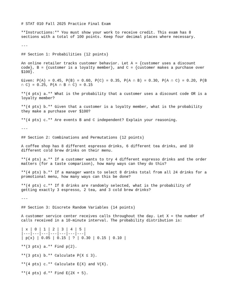 Stat Practice Final | PDF | Methodology | Probability Theory