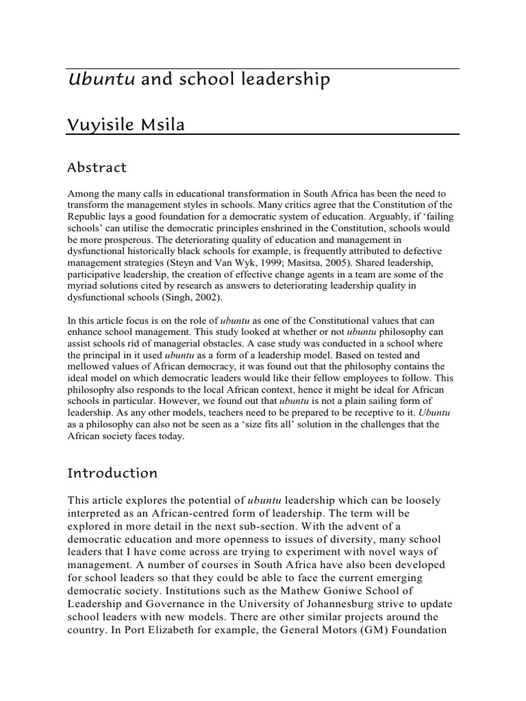 Ubuntu Leadership in South African Schools | PDF | Leadership | Teachers