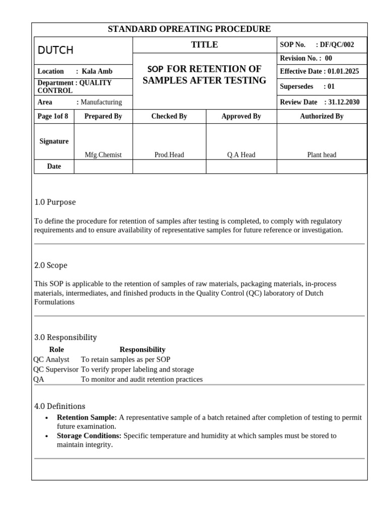 SOP for Sample Retention Protocol | PDF | Quality Assurance