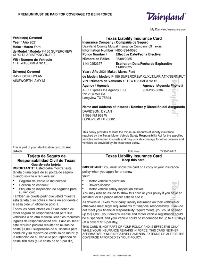 Texas Liability Insurance Card Details | PDF | Insurance | Private Law