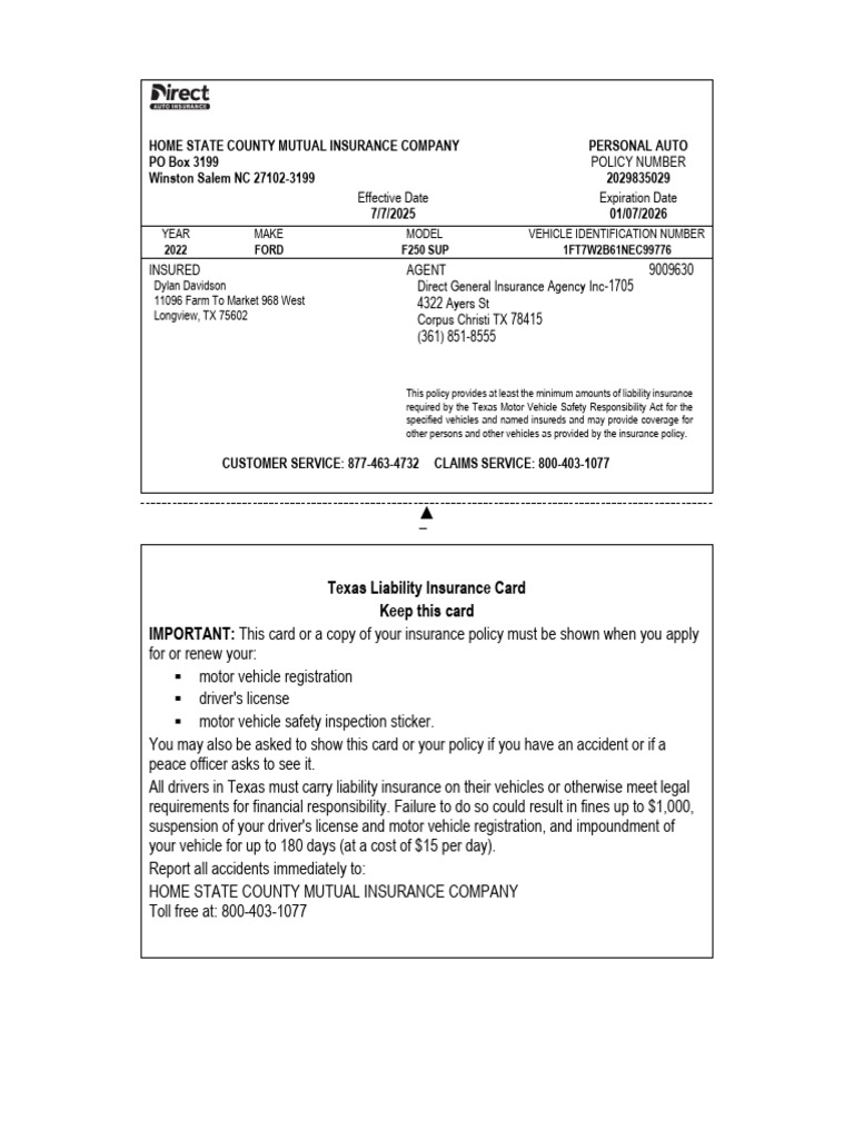 Texas Liability Insurance Card Details | PDF | Insurance | Land Transport