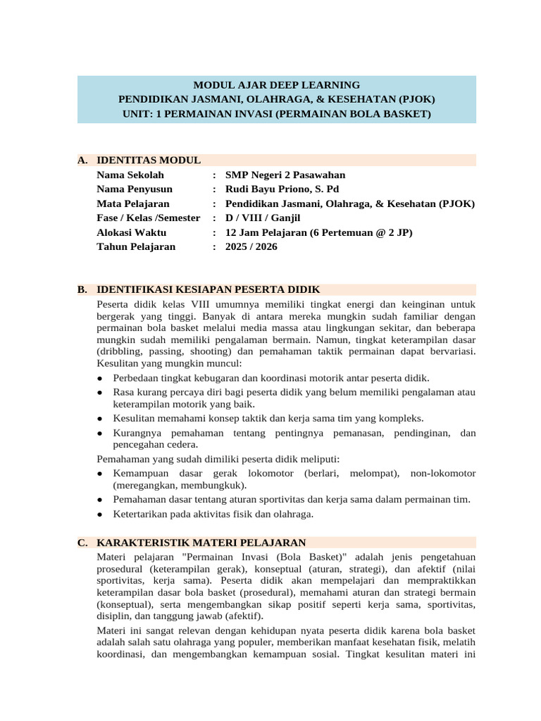 RPP Unit 1 Permainan Invasi (Permainan Bola Basket) | PDF