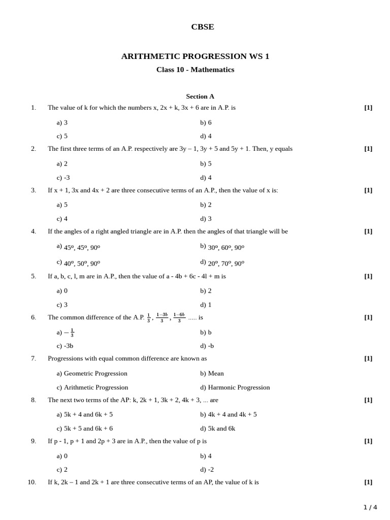 Arithmetic Progressions WS 1 (Arithmetic Progressions) | PDF | Mathematics