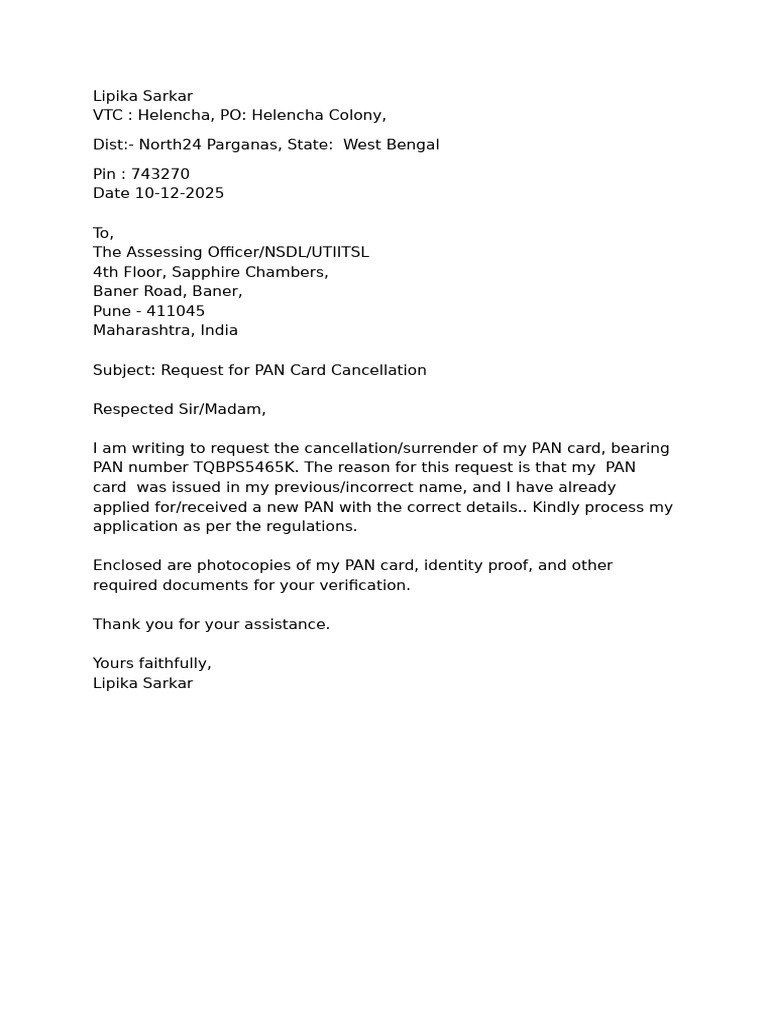PAN Card Cancellation Request Letter | PDF