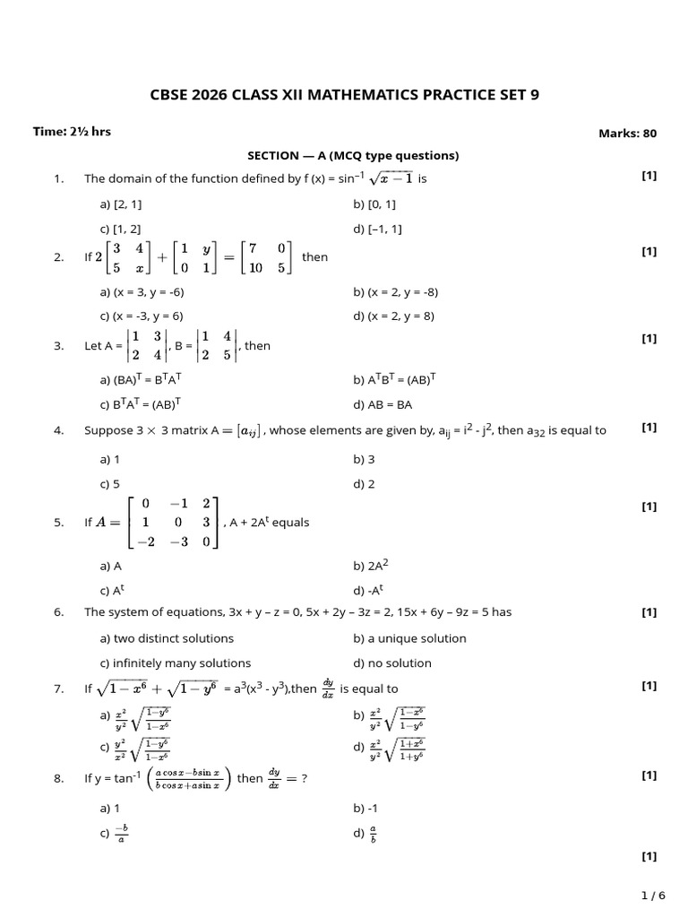 CBSE Class 12 Math Practice Set 9 | PDF | Chess | Chess Theory