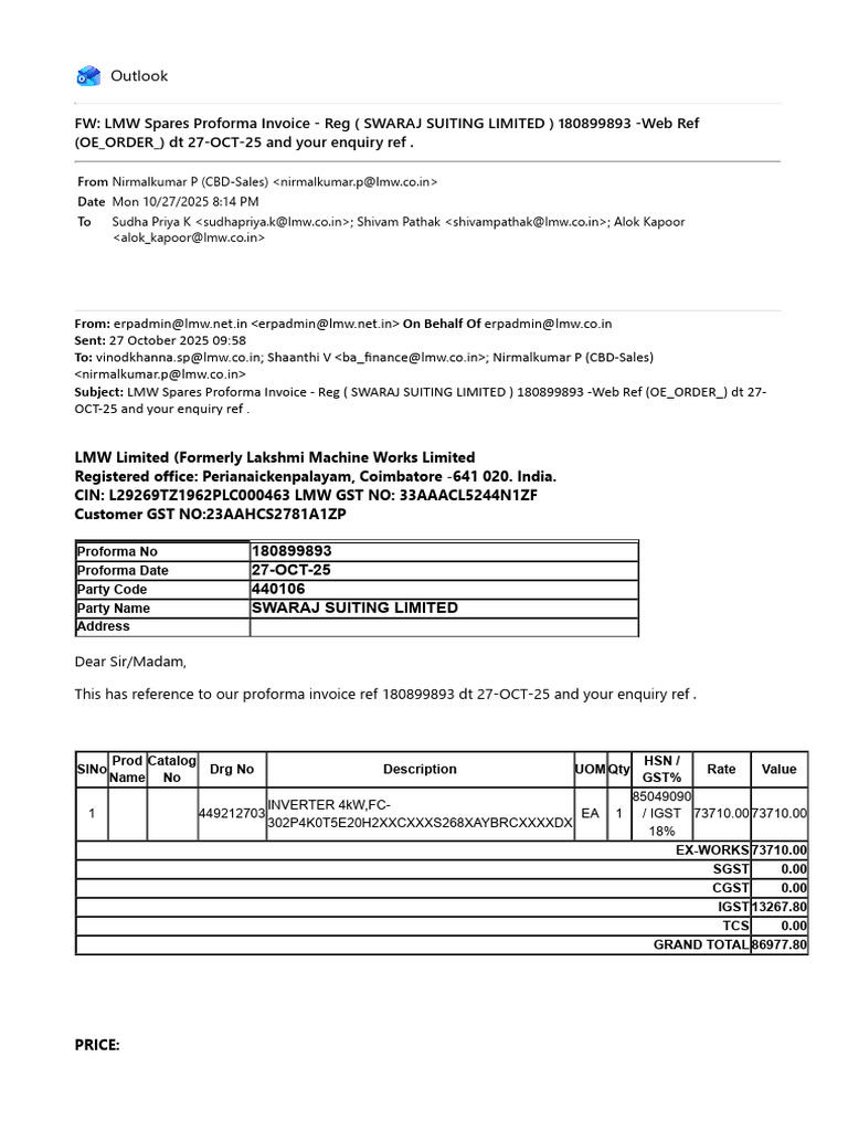 LMW Proforma Invoice for Swaraj Suiting | PDF | Taxation | Government ...