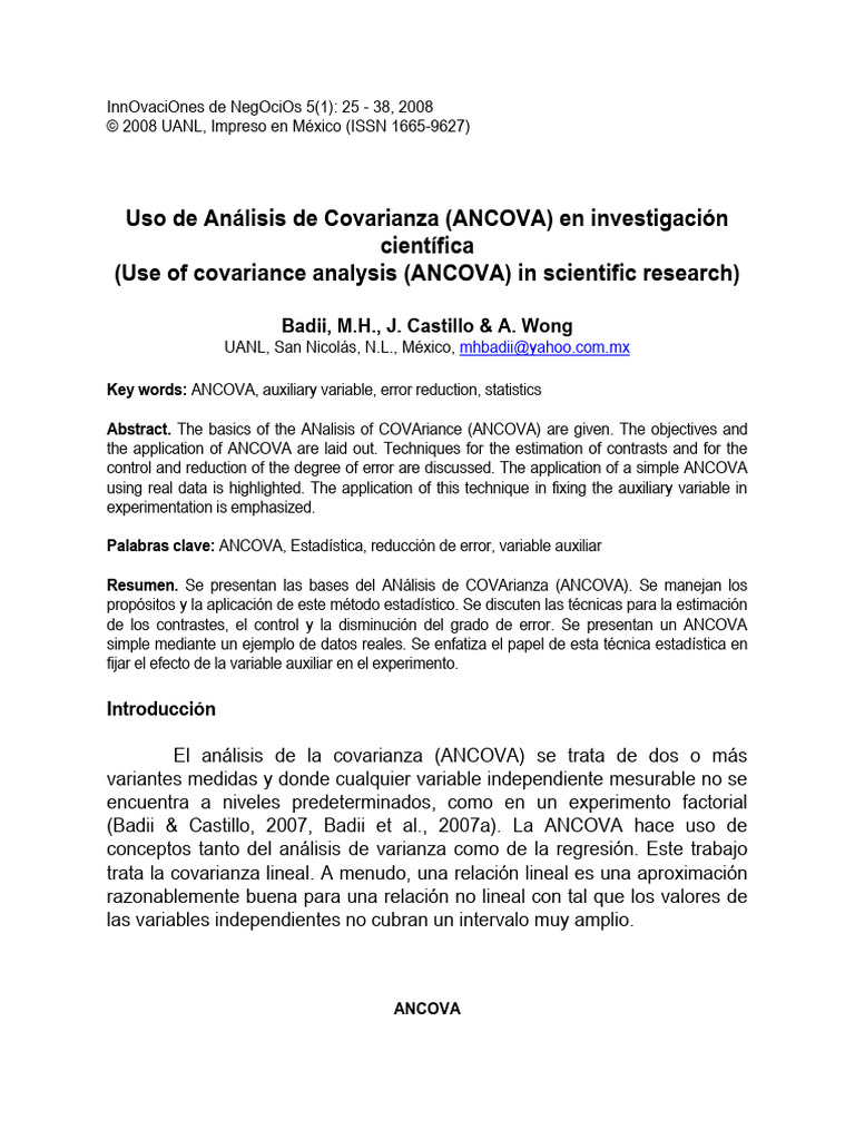 ANCOVA 1 | PDF | Experimentar | Análisis de covarianza