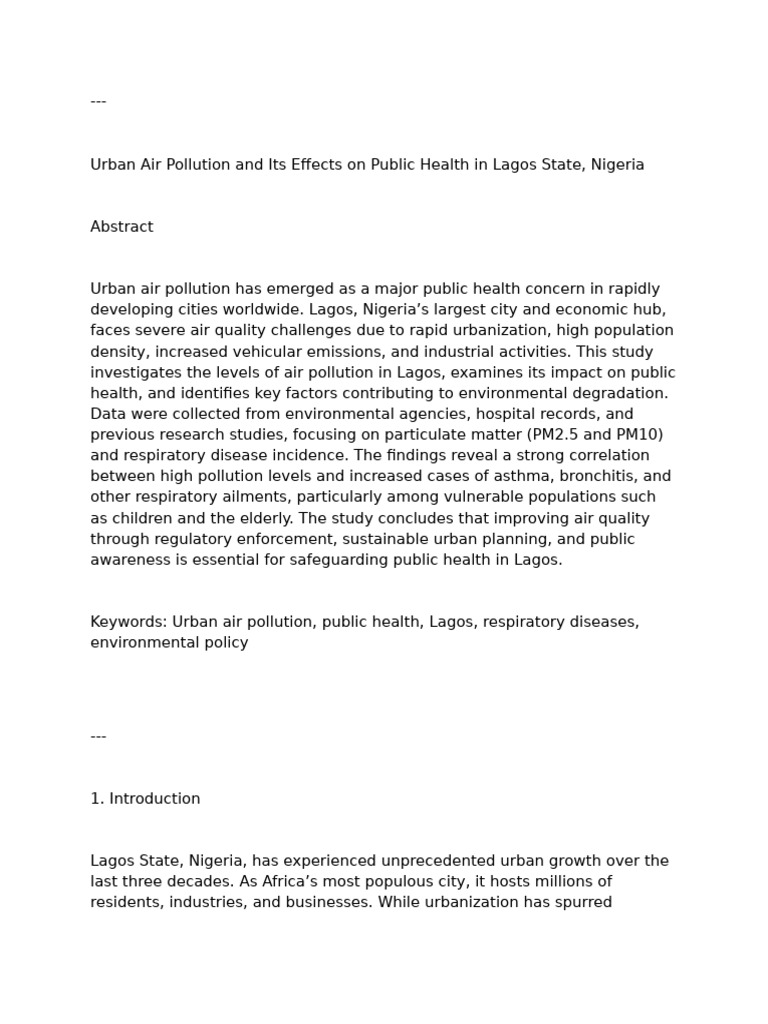 Urban Air Pollution and Its Effects On Public Health in Lagos State ...