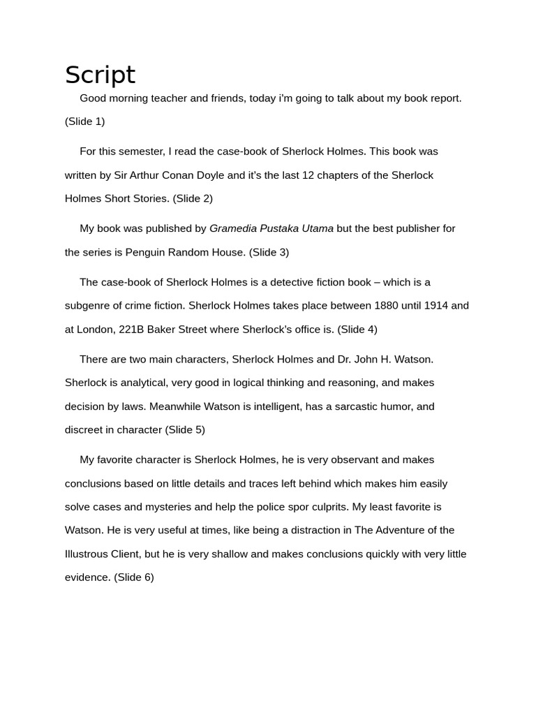 Sherlock Holmes Book Report Summary | PDF