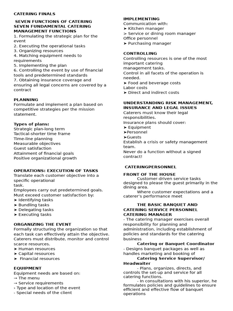 Essential Functions of Catering Management | PDF | Meal | Menu