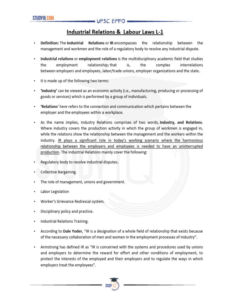 Industrial Relations and Labour Laws Overview | PDF | Employment ...