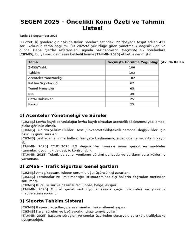 SEGEM 2025 Oncelik Ozet Ve Tahmin | PDF