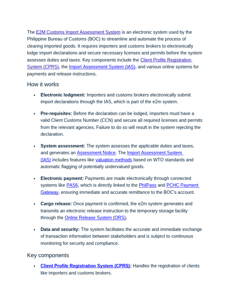 E2M Customs Import Assessment Overview | PDF | Customs