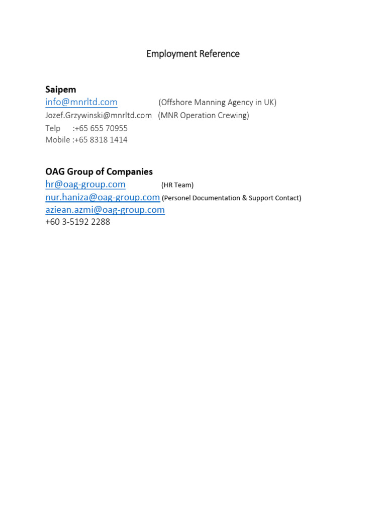 Employment Reference Contacts List | PDF