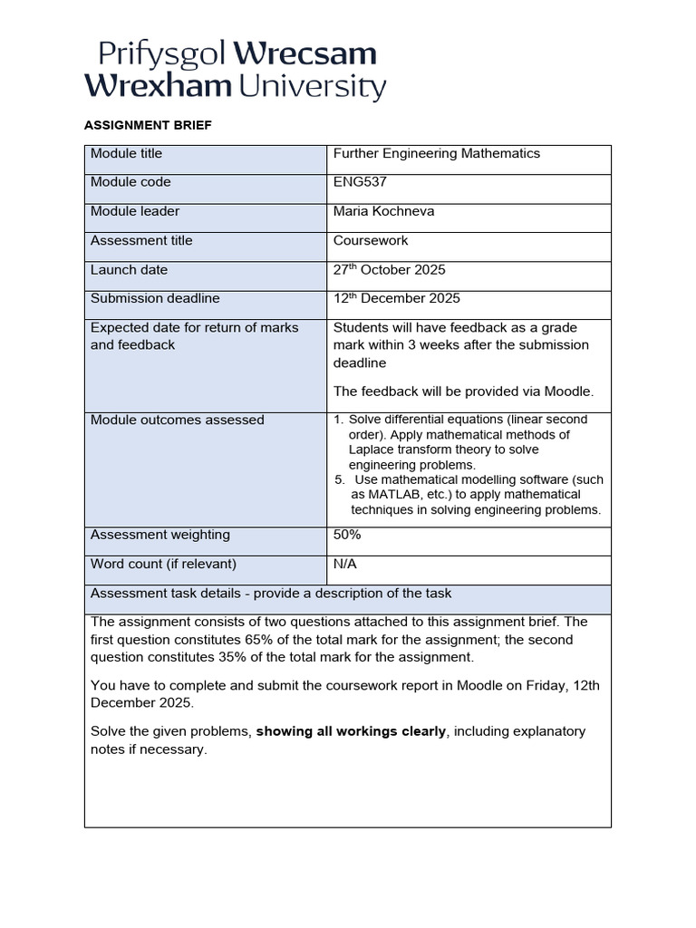 Engineering Mathematics Assignment Brief | PDF | Ordinary Differential ...